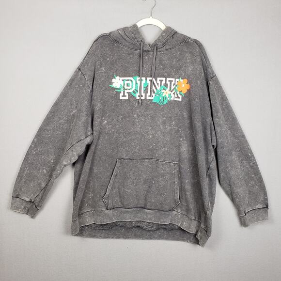 PINK Victoria's Secret Size XXL Campus Hoodie Sweatshirt Gray Acid Wash Hibiscus - Picture 1 of 9